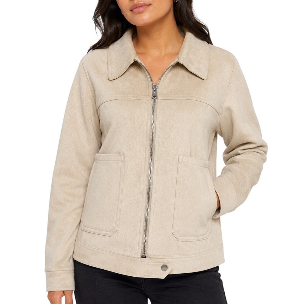 Sioni Tan Faux Suede Zip Jacket Collared Stretch Western Quiet Luxury Fall Layer